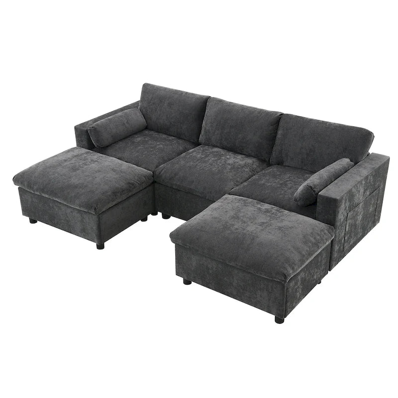 Canapé modulaire sectionnel en U avec poches de rangement, oreillers, pouf