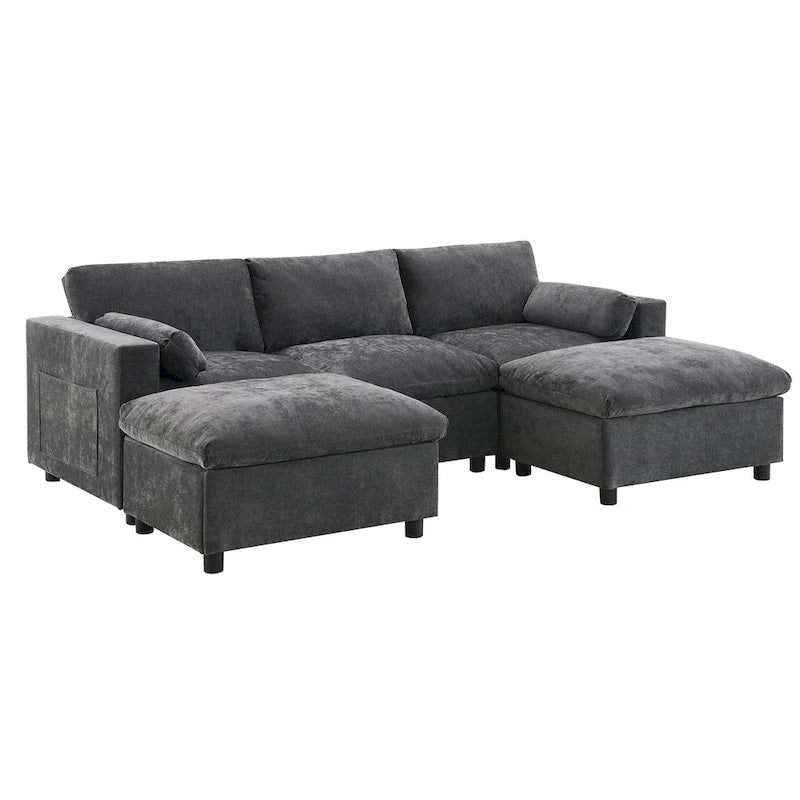 Canapé modulaire sectionnel en U avec poches de rangement, oreillers, pouf