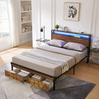 Lit plateforme en métal King Size avec lumières LED, tête de lit en bois et 2 tiroirs