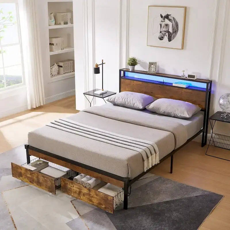 Lit plateforme en métal King Size avec lumières LED, tête de lit en bois et 2 tiroirs