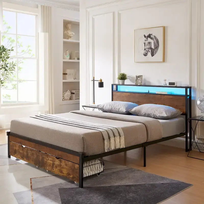 Lit plateforme en métal King Size avec lumières LED, tête de lit en bois et 2 tiroirs
