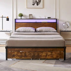 Lit plateforme en métal King Size avec lumières LED, tête de lit en bois et 2 tiroirs