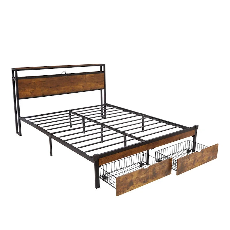 Lit plateforme en métal King Size avec lumières LED, tête de lit en bois et 2 tiroirs