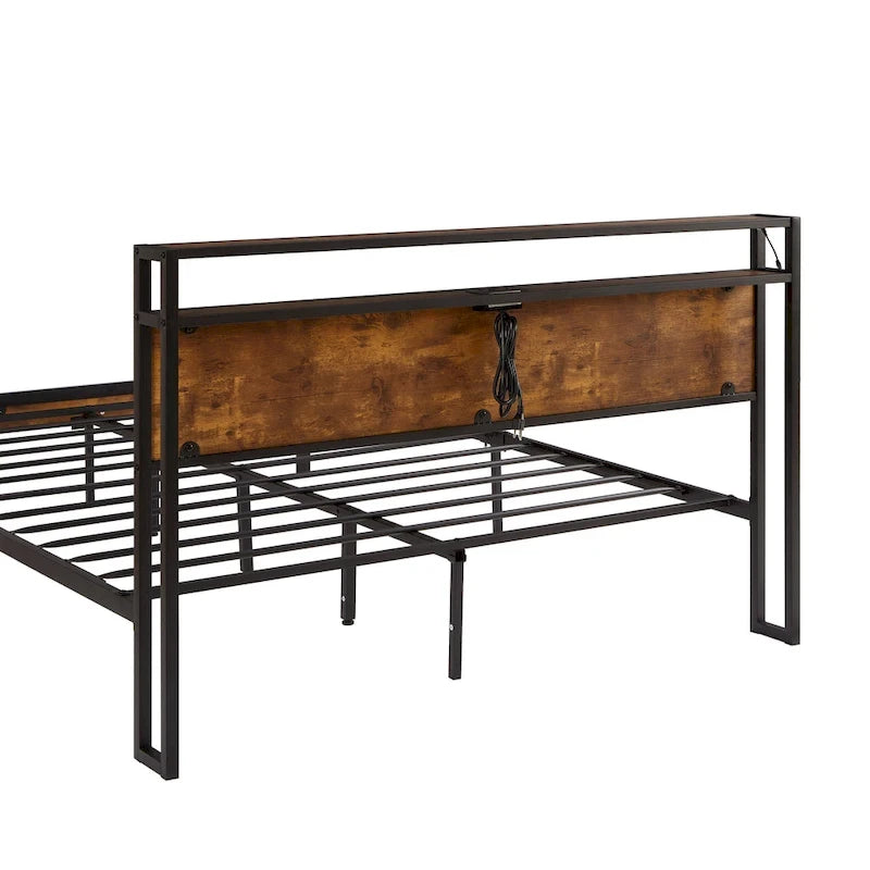 Lit plateforme en métal King Size avec lumières LED, tête de lit en bois et 2 tiroirs