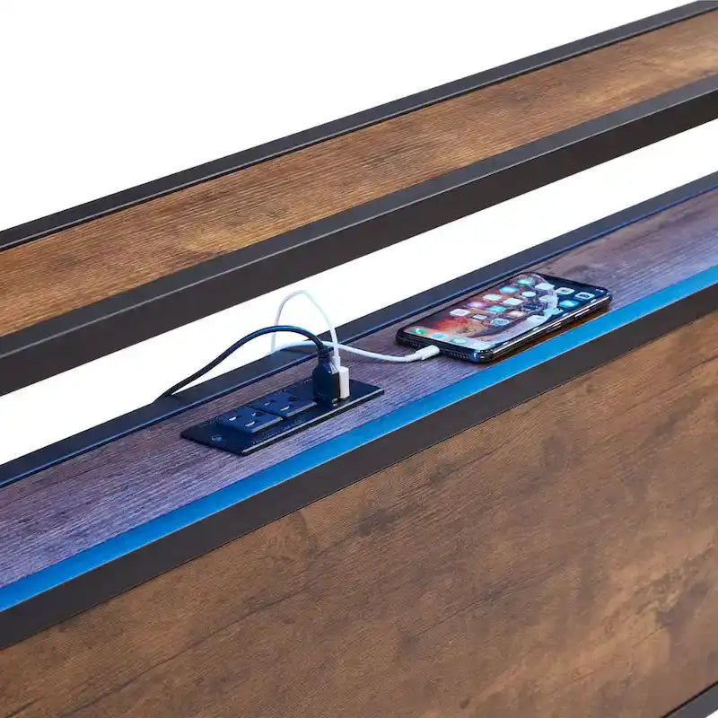 Lit plateforme en métal King Size avec lumières LED, tête de lit en bois et 2 tiroirs