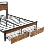 Lit plateforme en métal King Size avec lumières LED, tête de lit en bois et 2 tiroirs