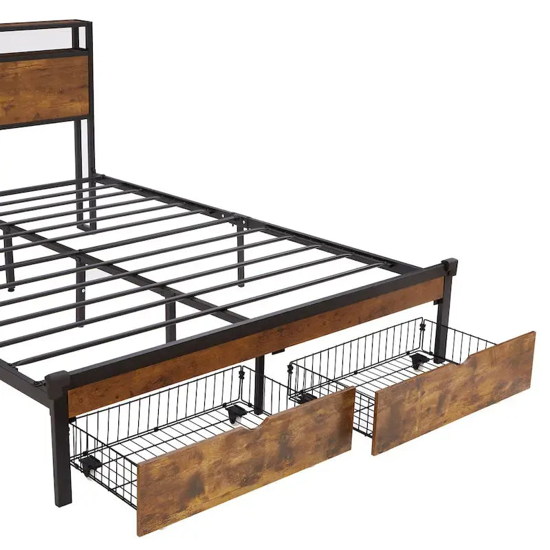 Lit plateforme en métal King Size avec lumières LED, tête de lit en bois et 2 tiroirs