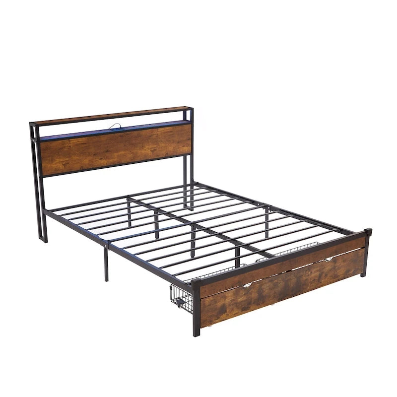Lit plateforme en métal King Size avec lumières LED, tête de lit en bois et 2 tiroirs