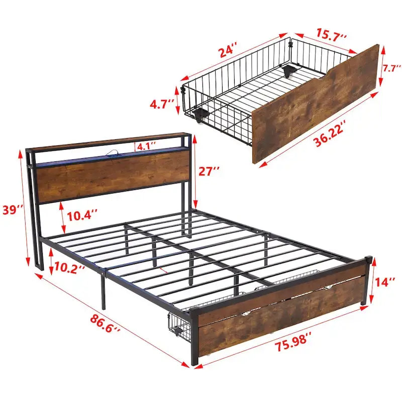 Lit plateforme en métal King Size avec lumières LED, tête de lit en bois et 2 tiroirs