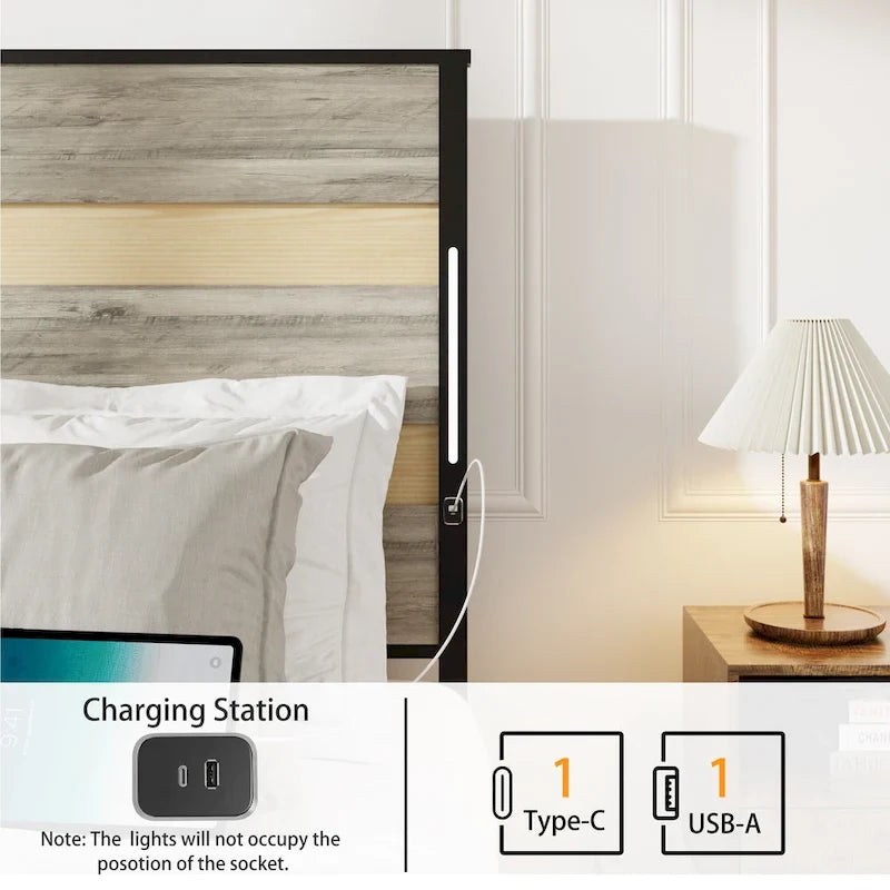 Lit plateforme en métal format Queen avec station de recharge et 4 tiroirs