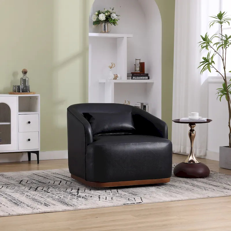 Fauteuil crapaud pivotant à 360° en similicuir noir moderne de 80 cm avec base en métal pour salon