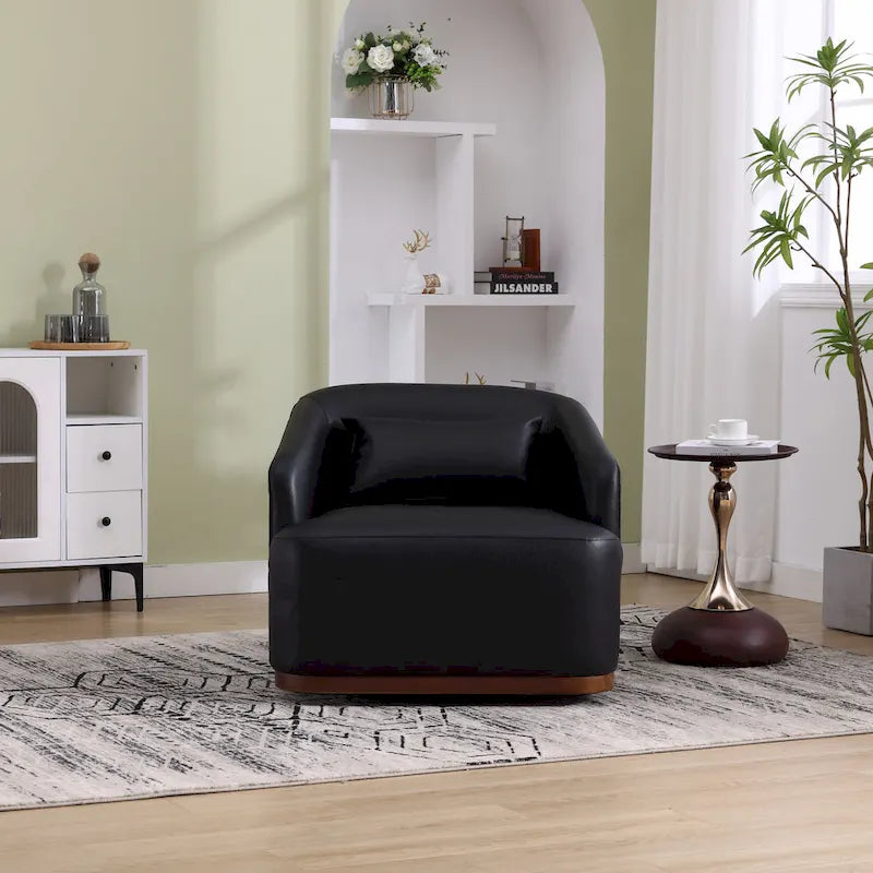 Fauteuil crapaud pivotant à 360° en similicuir noir moderne de 80 cm avec base en métal pour salon
