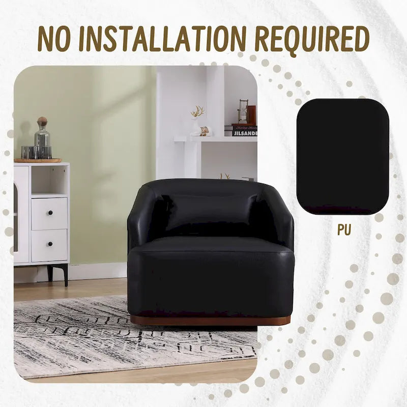 Fauteuil crapaud pivotant à 360° en similicuir noir moderne de 80 cm avec base en métal pour salon
