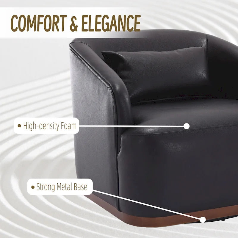 Fauteuil crapaud pivotant à 360° en similicuir noir moderne de 80 cm avec base en métal pour salon