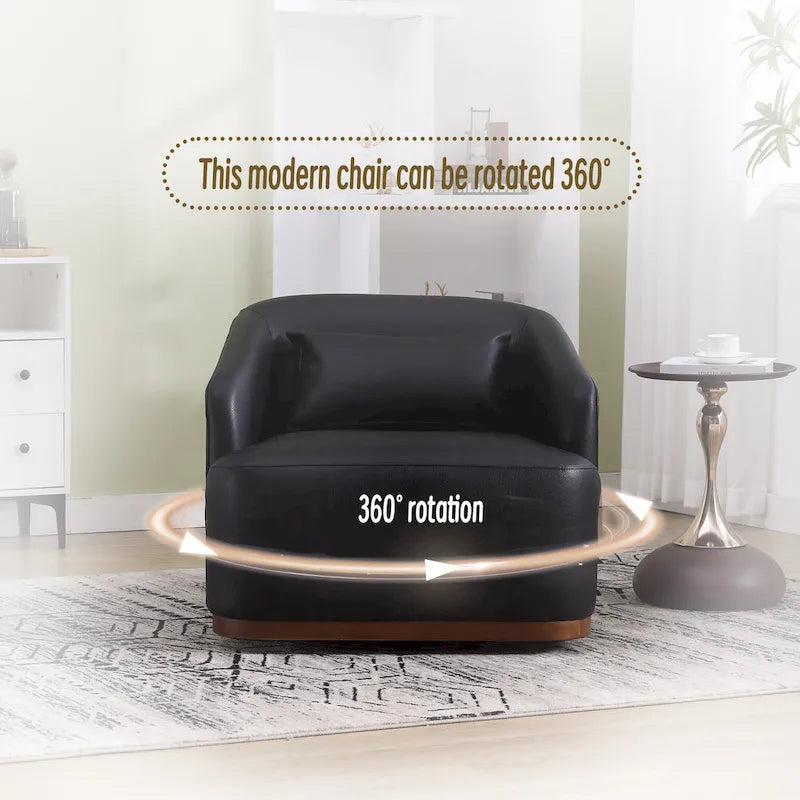 Fauteuil crapaud pivotant à 360° en similicuir noir moderne de 80 cm avec base en métal pour salon