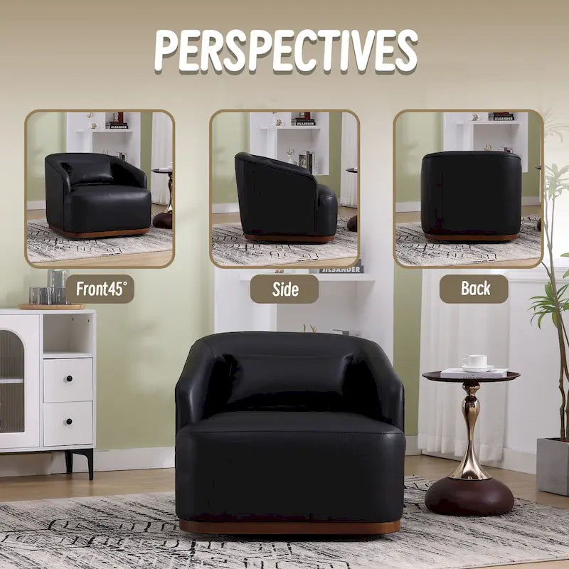 Fauteuil crapaud pivotant à 360° en similicuir noir moderne de 80 cm avec base en métal pour salon