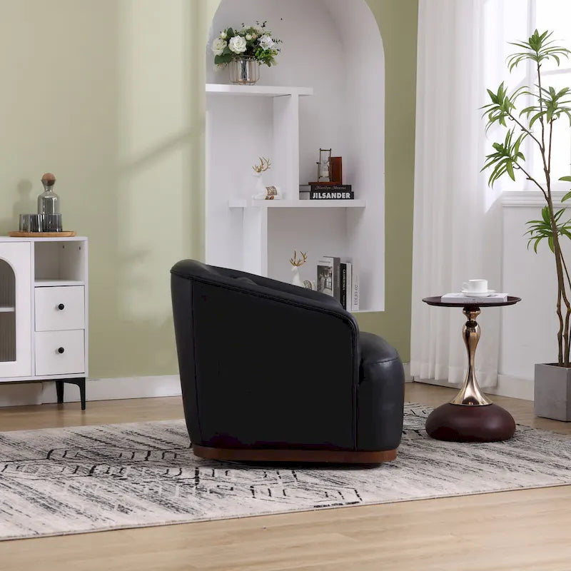 Fauteuil crapaud pivotant à 360° en similicuir noir moderne de 80 cm avec base en métal pour salon