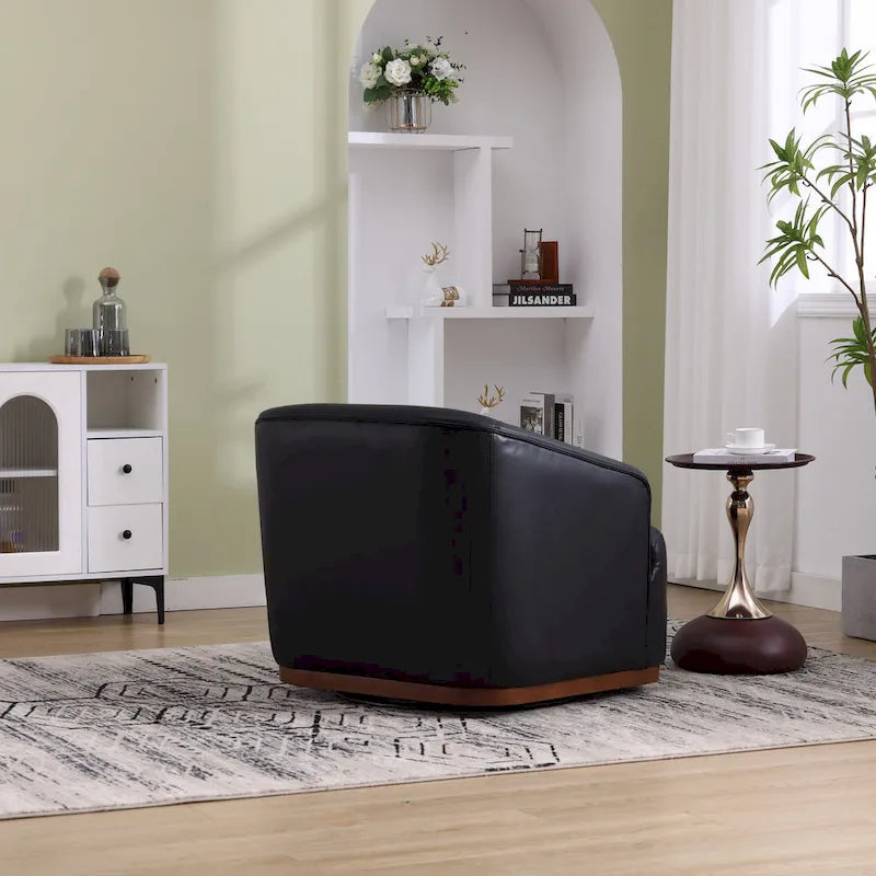 Fauteuil crapaud pivotant à 360° en similicuir noir moderne de 80 cm avec base en métal pour salon