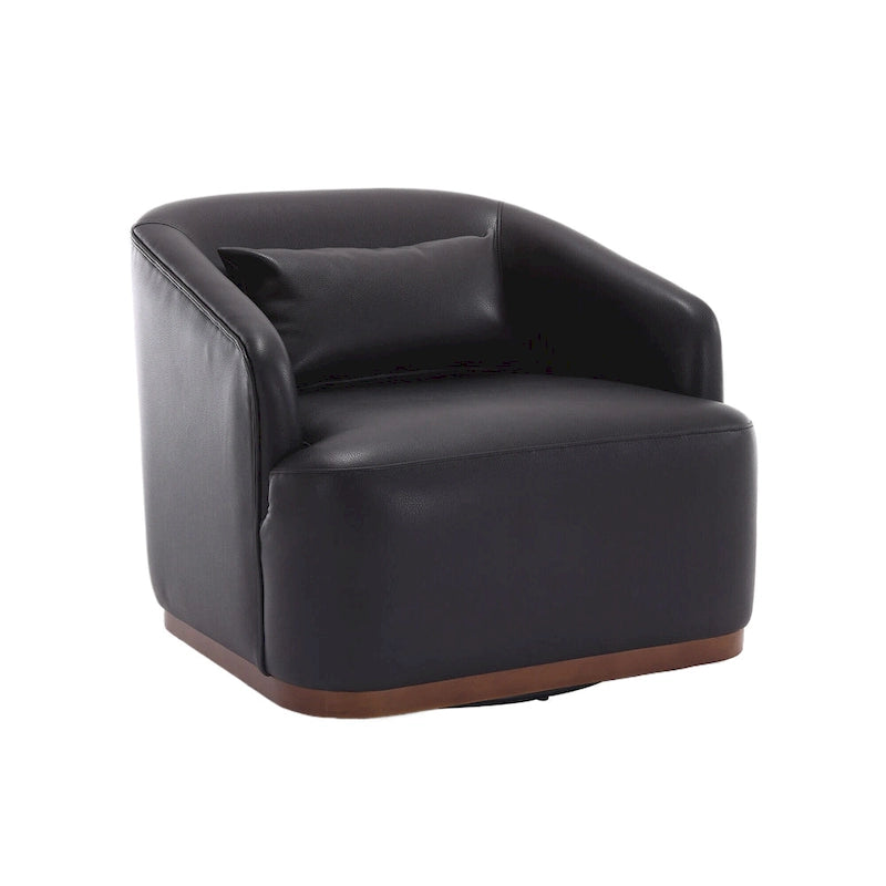 Fauteuil crapaud pivotant à 360° en similicuir noir moderne de 80 cm avec base en métal pour salon