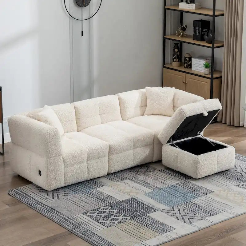 Canapé sectionnel 4 places en tissu 87,7 po avec ottoman mobile, 2 ports USB et 2 coussins lombaires, idéal pour le salon