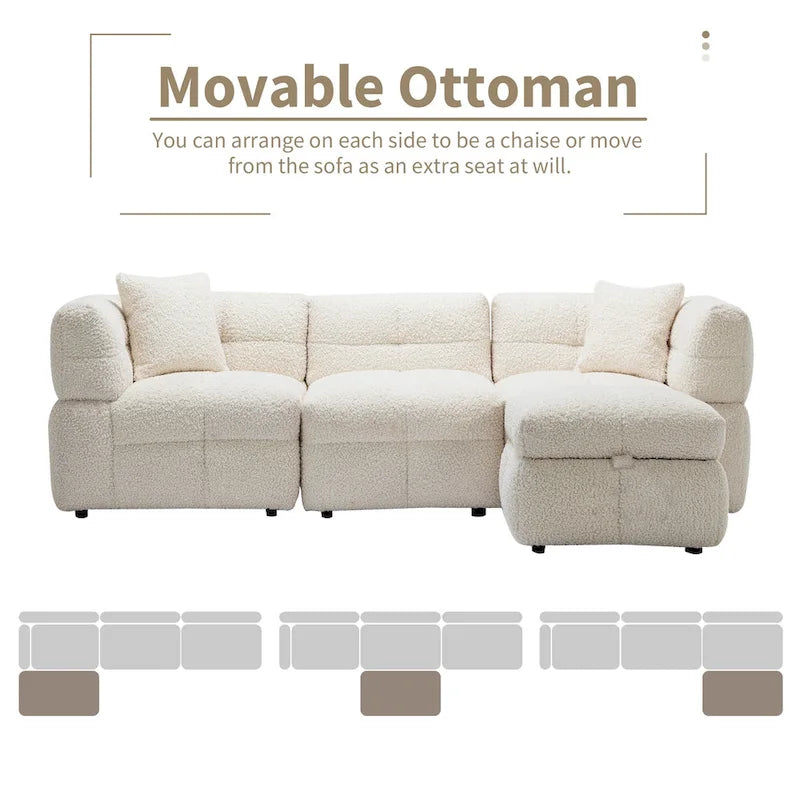 Canapé sectionnel 4 places en tissu 87,7 po avec ottoman mobile, 2 ports USB et 2 coussins lombaires, idéal pour le salon
