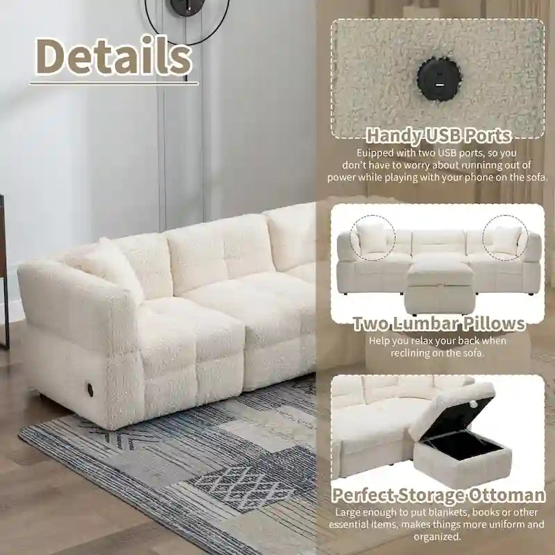 Canapé sectionnel 4 places en tissu 87,7 po avec ottoman mobile, 2 ports USB et 2 coussins lombaires, idéal pour le salon