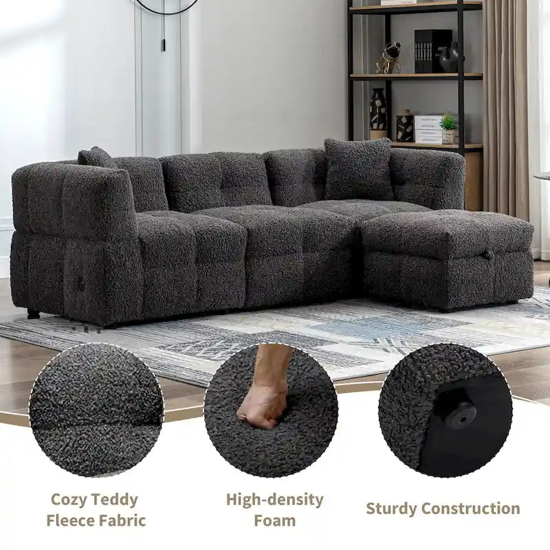 Canapé sectionnel 4 places en tissu 87,7 po avec ottoman mobile, 2 ports USB et 2 coussins lombaires, idéal pour le salon