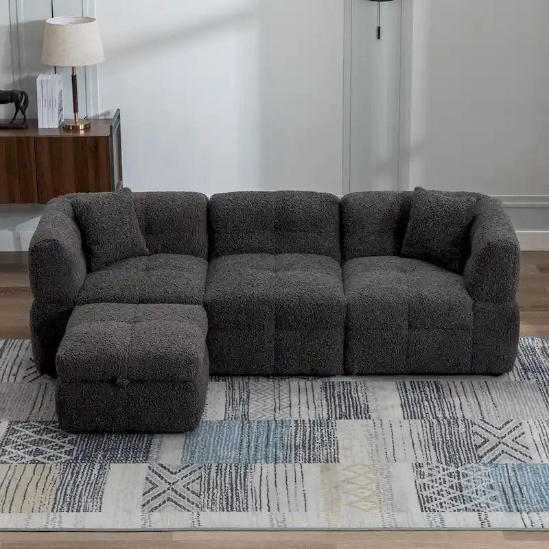 Canapé sectionnel 4 places en tissu 87,7 po avec ottoman mobile, 2 ports USB et 2 coussins lombaires, idéal pour le salon
