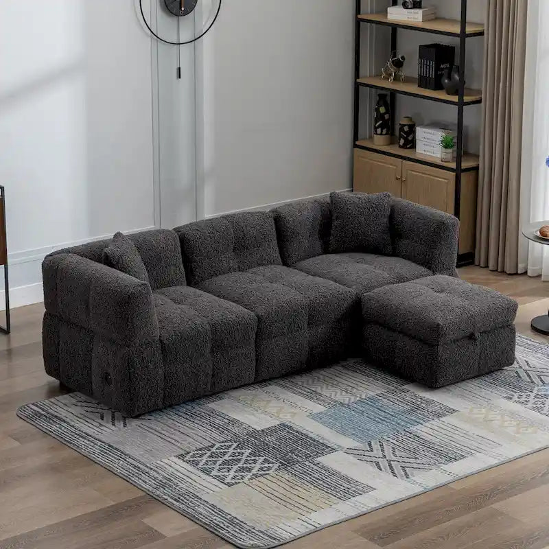 Canapé sectionnel 4 places en tissu 87,7 po avec ottoman mobile, 2 ports USB et 2 coussins lombaires, idéal pour le salon