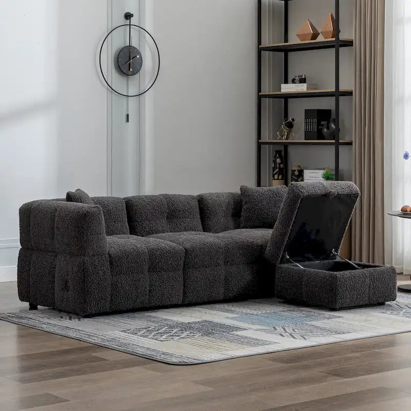 Canapé sectionnel 4 places en tissu 87,7 po avec ottoman mobile, 2 ports USB et 2 coussins lombaires, idéal pour le salon