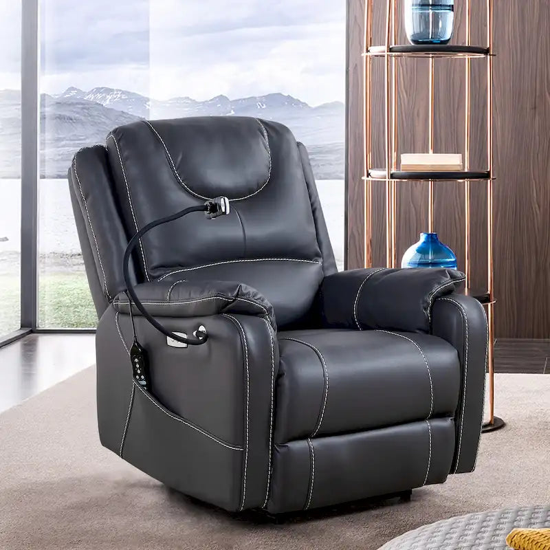 Fauteuil inclinable électrique noir, avec massage, chauffage, ports USB, support de téléphone et poches latérales, inclinaison réglable jusqu'à 139