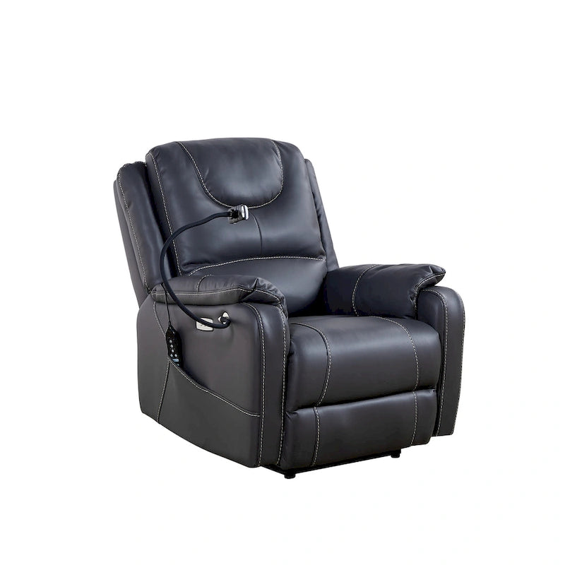 Fauteuil inclinable électrique noir, avec massage, chauffage, ports USB, support de téléphone et poches latérales, inclinaison réglable jusqu'à 139