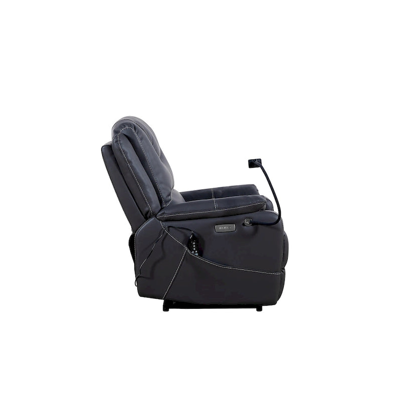 Fauteuil inclinable électrique noir, avec massage, chauffage, ports USB, support de téléphone et poches latérales, inclinaison réglable jusqu'à 139