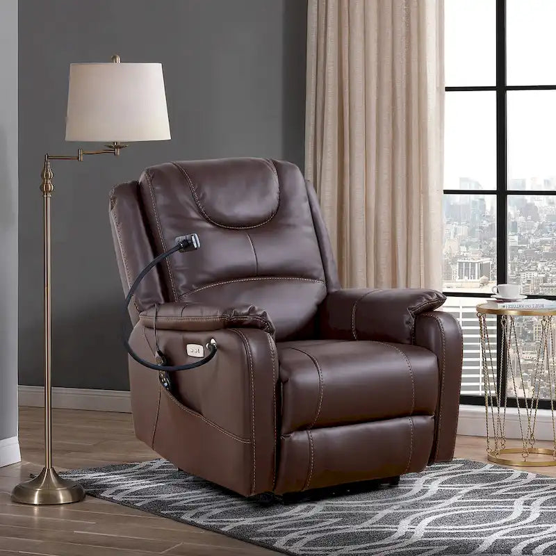 Fauteuil inclinable électrique noir, avec massage, chauffage, ports USB, support de téléphone et poches latérales, inclinaison réglable jusqu'à 139