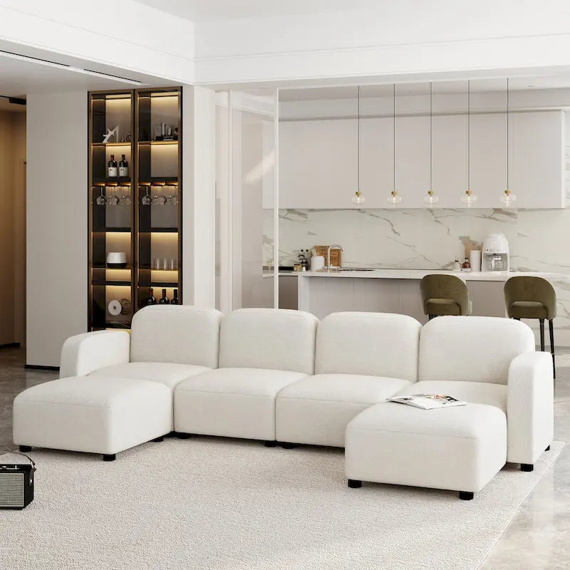 Canapé modulable en velours 6 places en U avec deux poufs, design réversible pour un espace de vie personnalisable