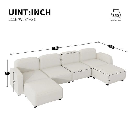 Canapé modulable en velours 6 places en U avec deux poufs, design réversible pour un espace de vie personnalisable