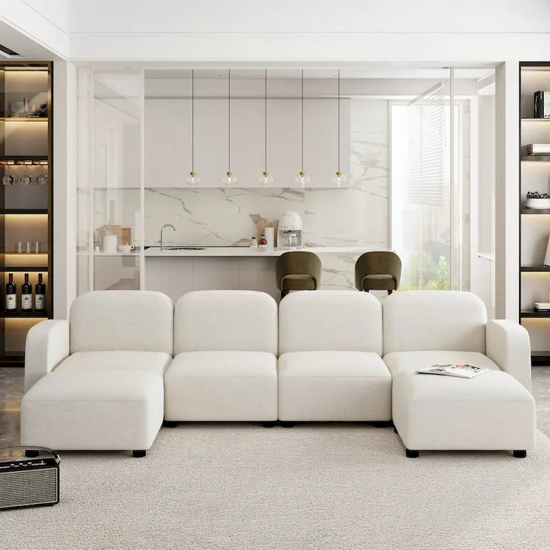 Canapé modulable en velours 6 places en U avec deux poufs, design réversible pour un espace de vie personnalisable