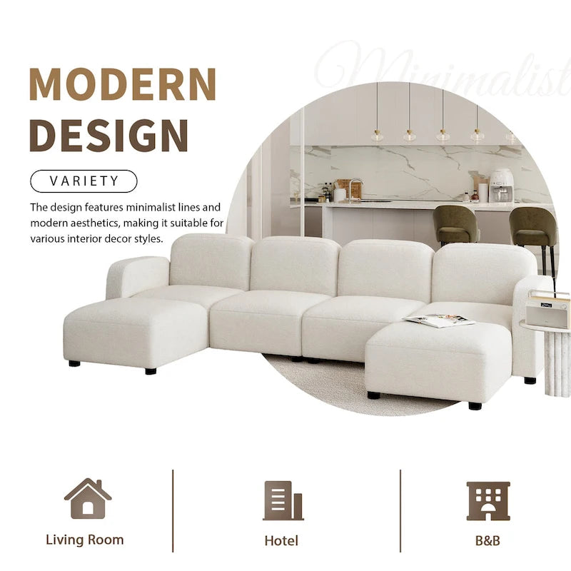 Canapé modulable en velours 6 places en U avec deux poufs, design réversible pour un espace de vie personnalisable