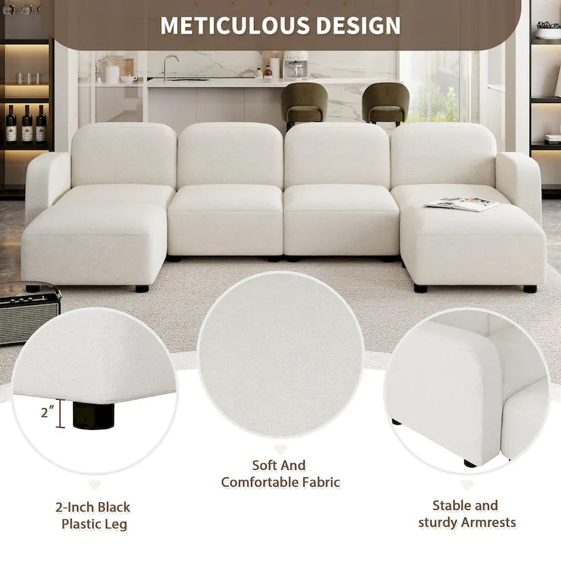 Canapé modulable en velours 6 places en U avec deux poufs, design réversible pour un espace de vie personnalisable