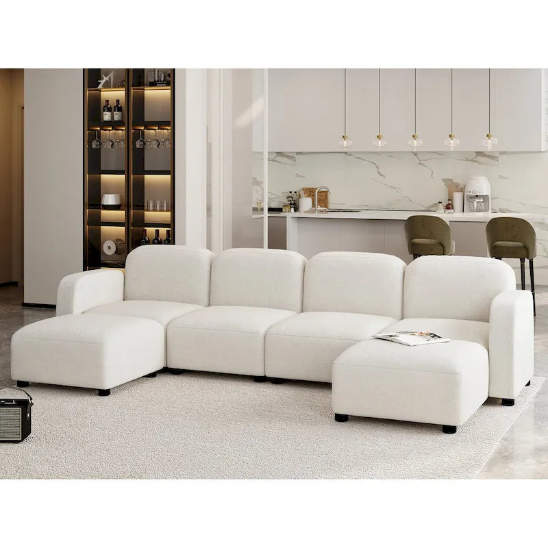 Canapé modulable en velours 6 places en U avec deux poufs, design réversible pour un espace de vie personnalisable