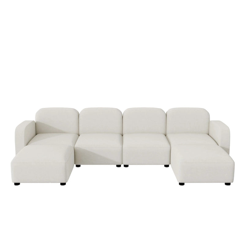 Canapé modulable en velours 6 places en U avec deux poufs, design réversible pour un espace de vie personnalisable