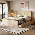 Lit de rangement Queen Size en pin massif avec 4 tiroirs et tête de lit en rotin