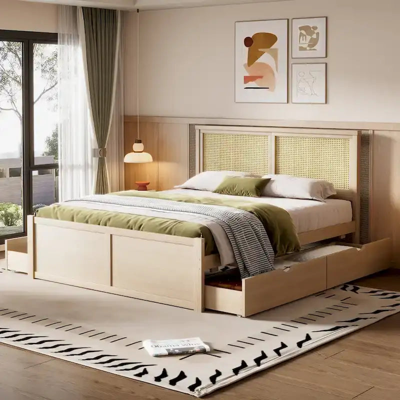 Lit de rangement Queen Size en pin massif avec 4 tiroirs et tête de lit en rotin