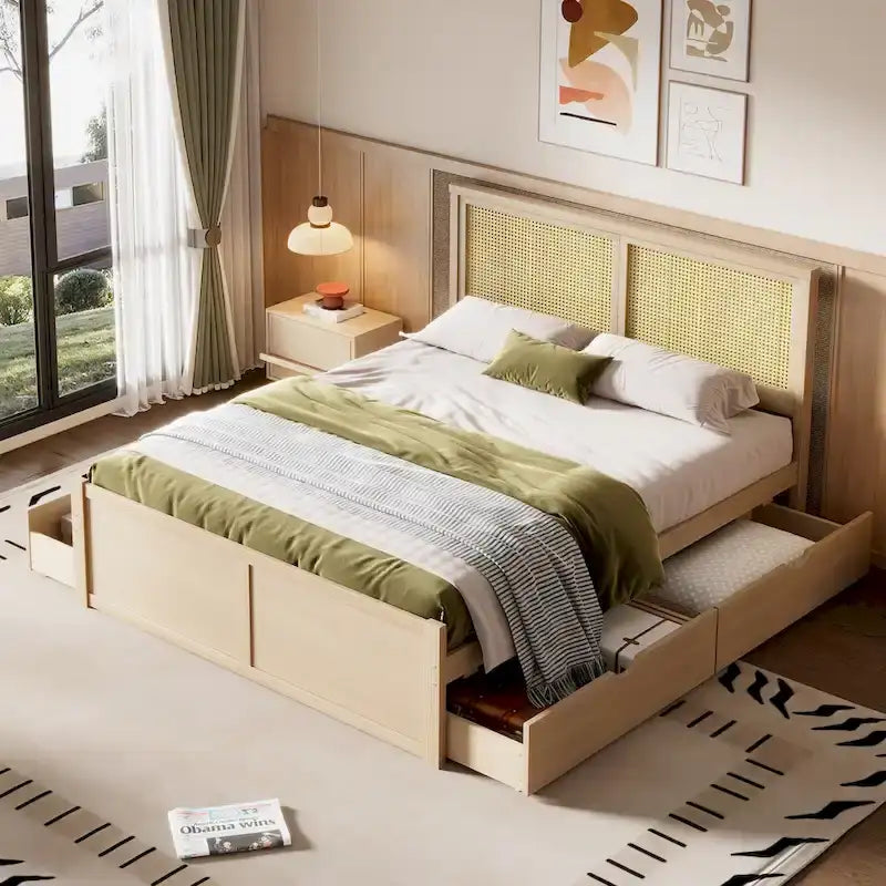 Lit de rangement Queen Size en pin massif avec 4 tiroirs et tête de lit en rotin