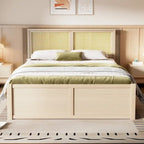 Lit de rangement Queen Size en pin massif avec 4 tiroirs et tête de lit en rotin