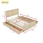 Lit de rangement Queen Size en pin massif avec 4 tiroirs et tête de lit en rotin