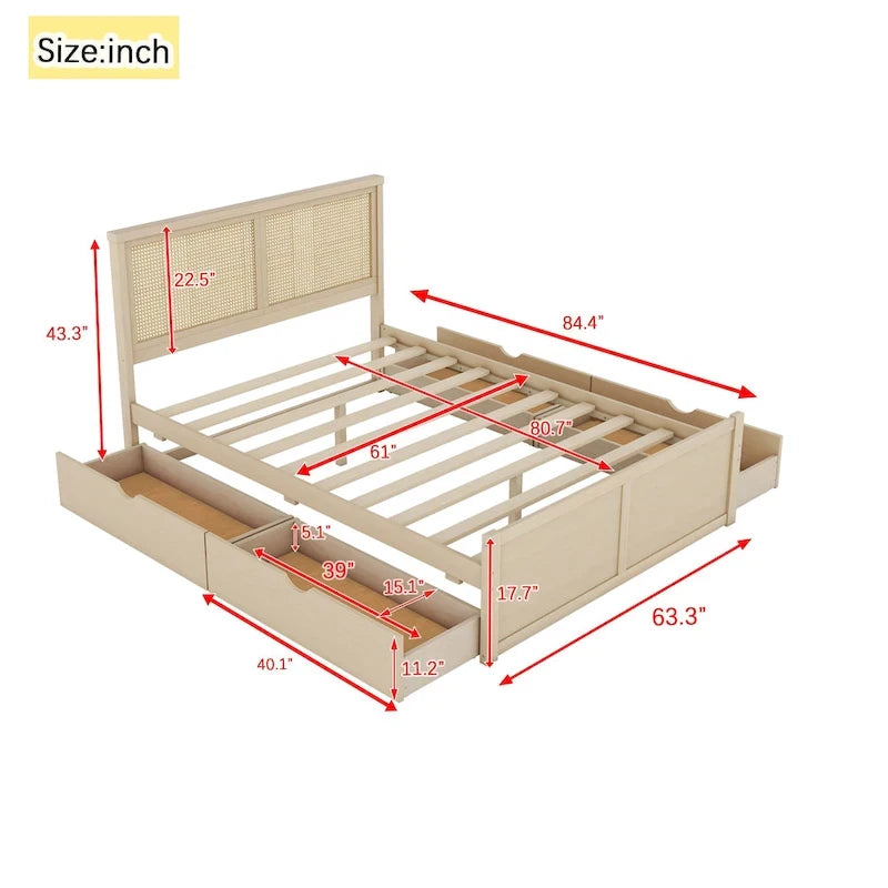 Lit de rangement Queen Size en pin massif avec 4 tiroirs et tête de lit en rotin