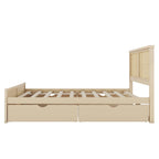 Lit de rangement Queen Size en pin massif avec 4 tiroirs et tête de lit en rotin