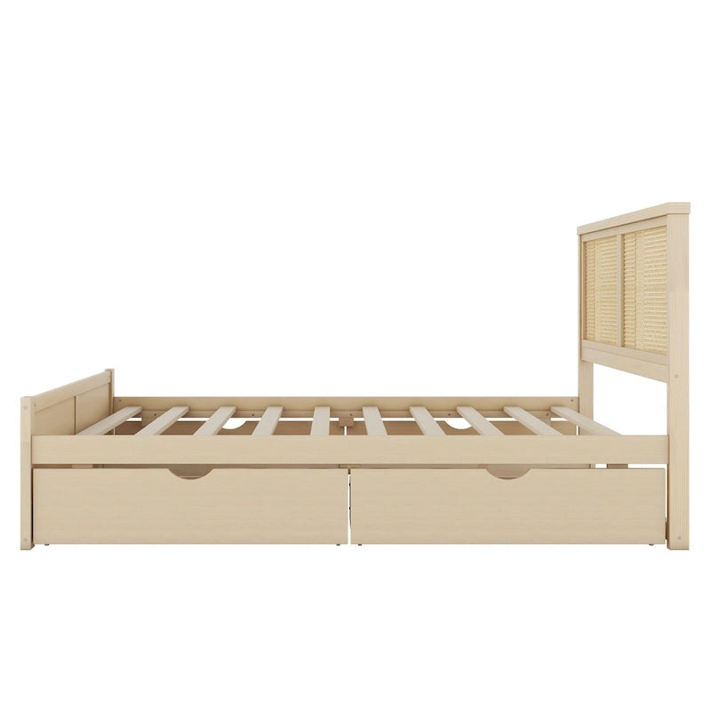 Lit de rangement Queen Size en pin massif avec 4 tiroirs et tête de lit en rotin