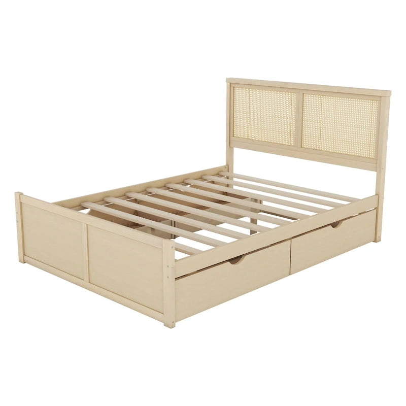Lit de rangement Queen Size en pin massif avec 4 tiroirs et tête de lit en rotin